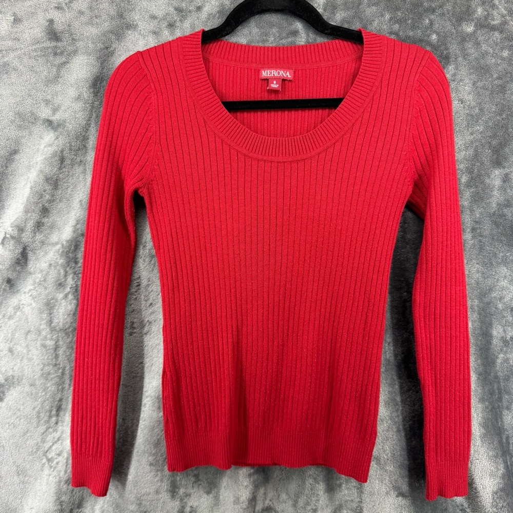 Y2K Merona Red Scoop Neck Form Fitted Ribbed Cable Sweater Size Small